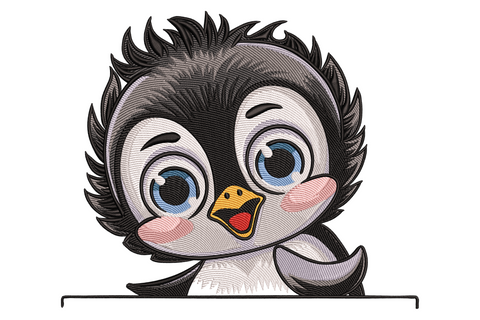 Baby penguin embroidery design, chibi style with spiky black feathers, big blue eyes, pink cheeks, and orange beak
