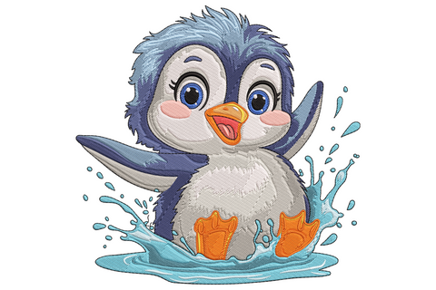 Machine embroidery design of a baby penguin splashing in water with wings out, bright aqua splash and white foam, 9 sizes up to 7.38 inches wide
