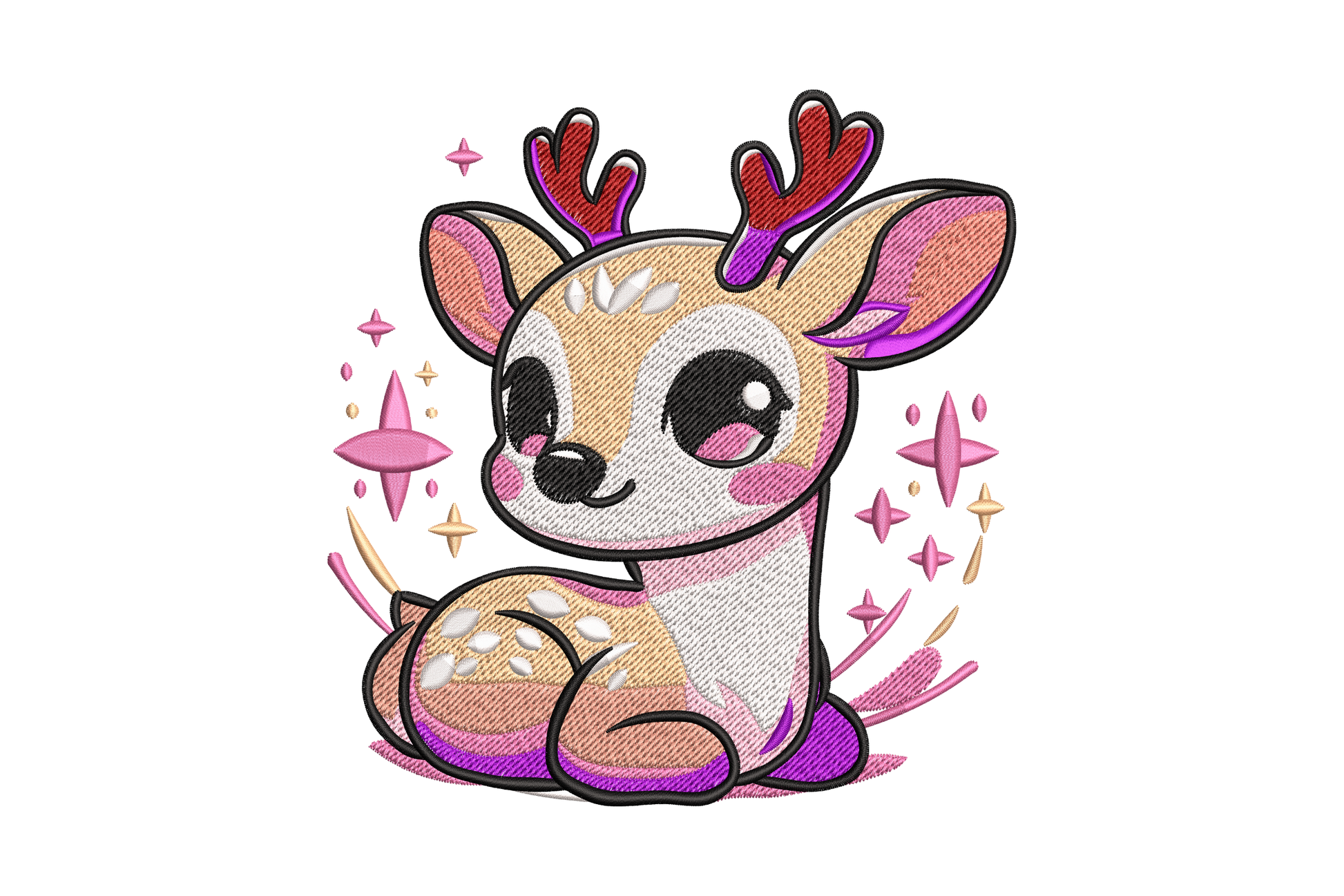 Kawaii baby reindeer embroidery design in seated pose with peach tan body, dark red antlers, enormous dark eyes, pink accents and purple hooves with sparkle star scatter