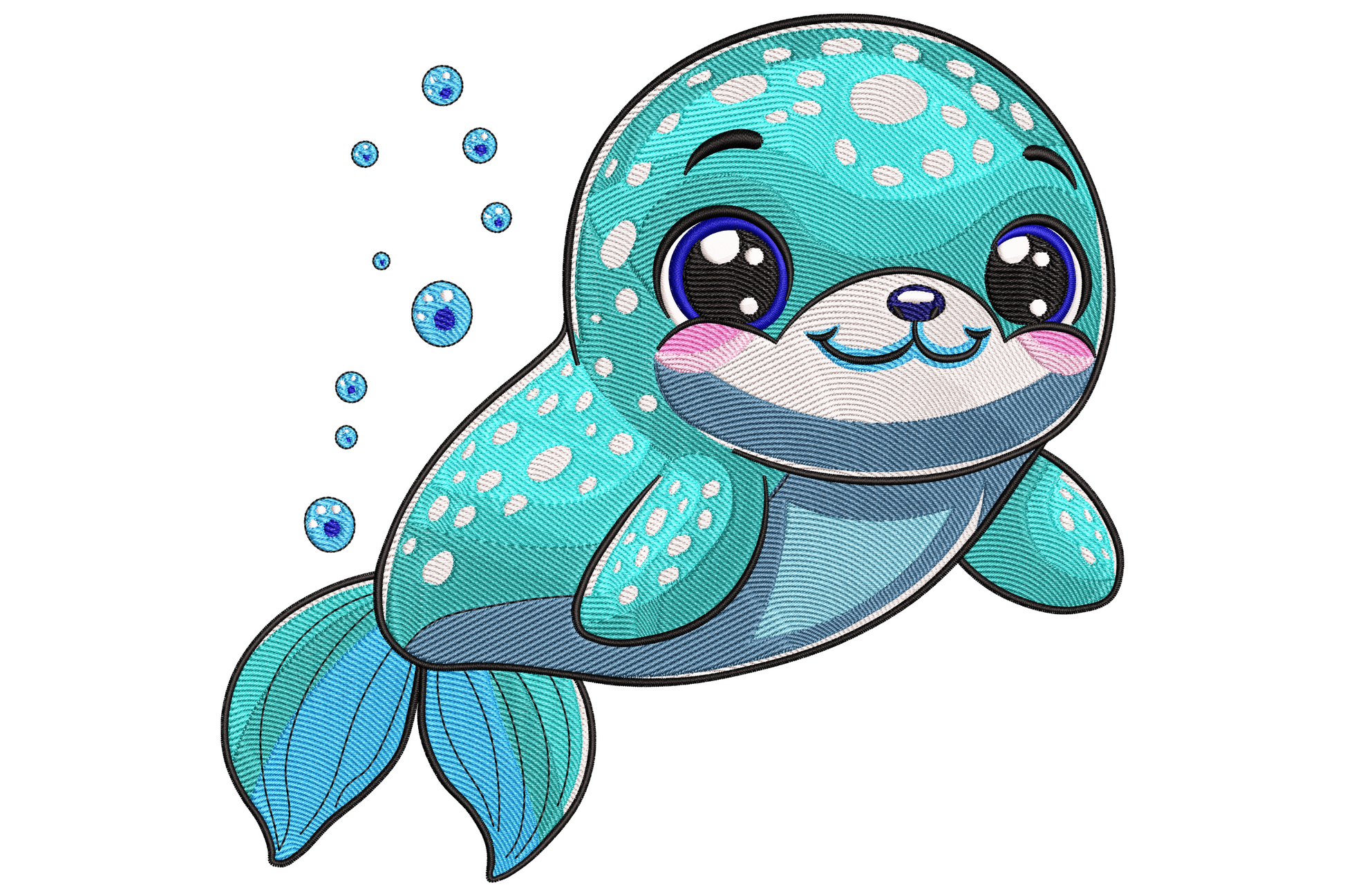 Cute baby sea seal embroidery design in teal and aqua with big blue eyes, pink cheeks and small pink balloon cluster.