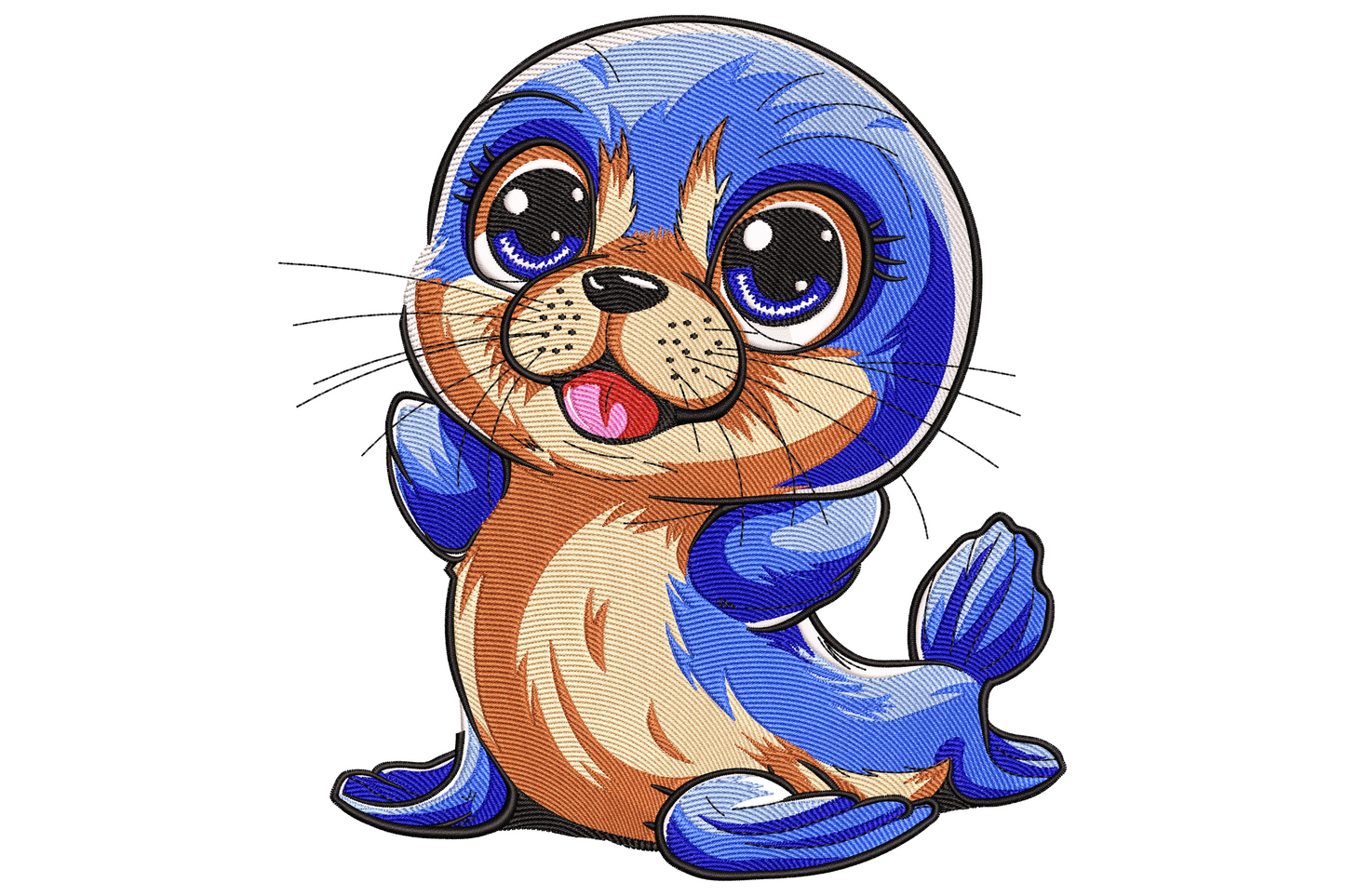 Kawaii cartoon baby seal sitting upright with sparkly eyes and tongue poking out, blue back and beige belly embroidery