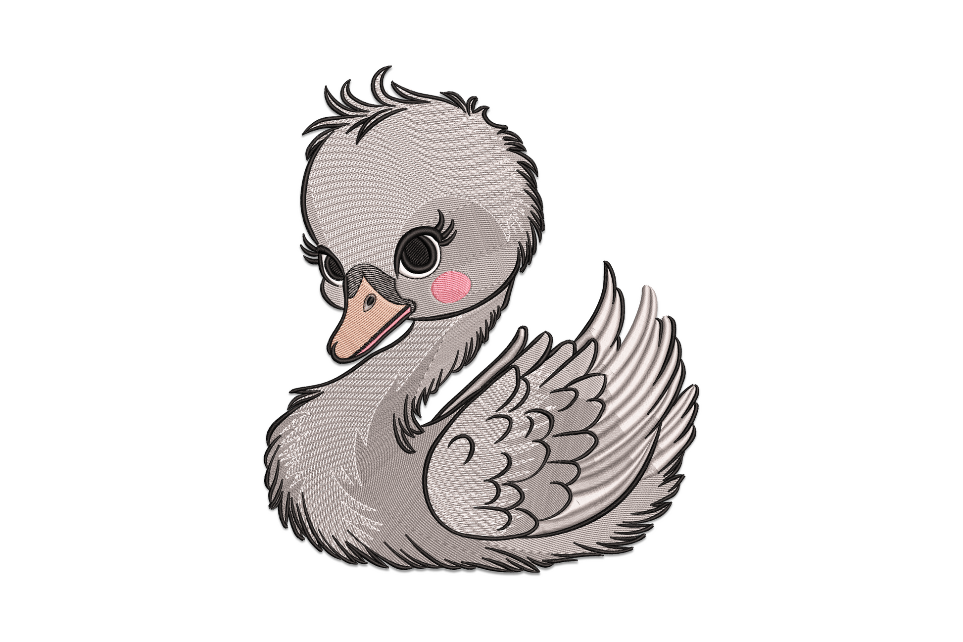Cute baby swan embroidery, fluffy grey cygnet, big lashed eyes, pink blush cheek, peach beak, directional feather stitching.