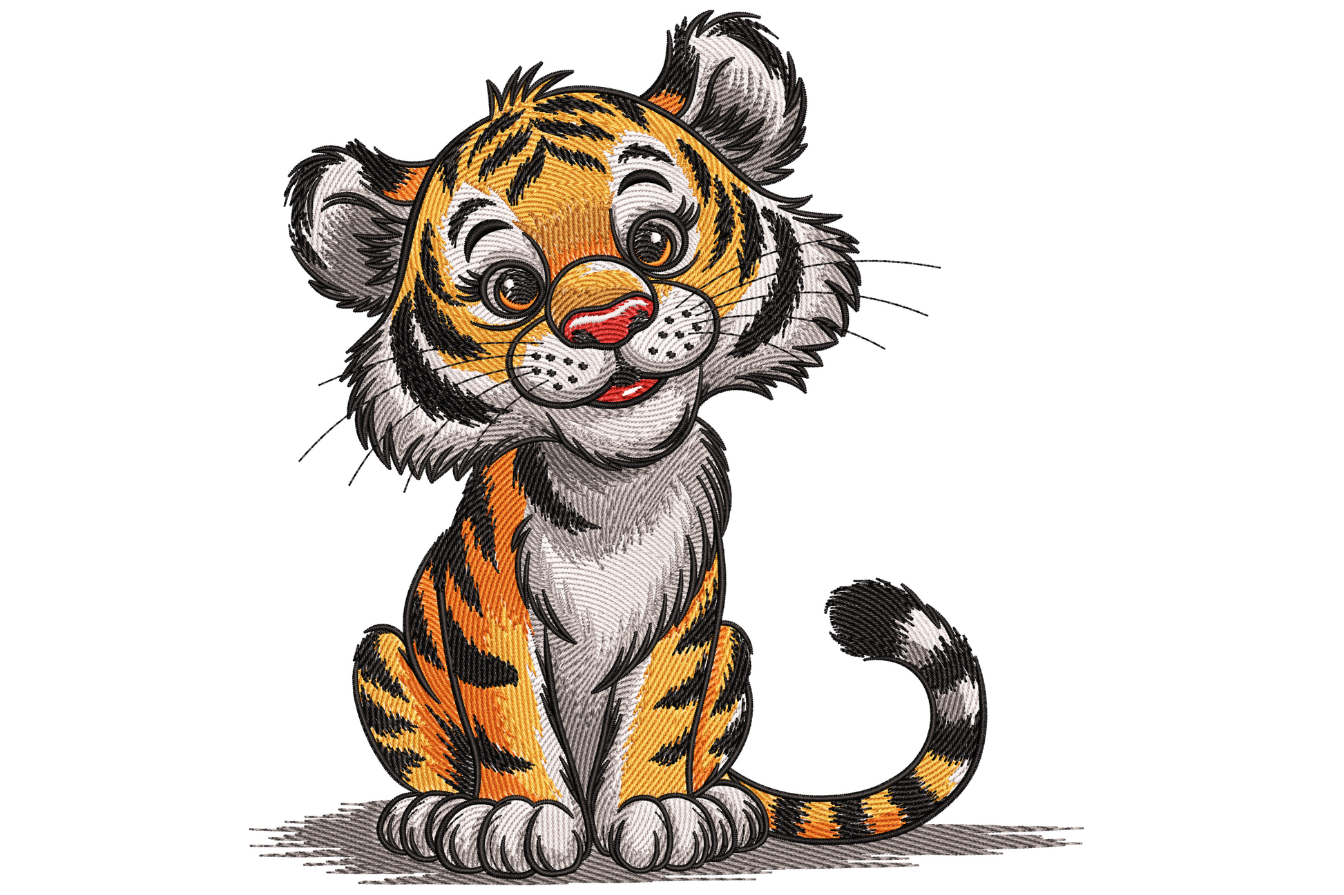 Cute baby tiger embroidery design with fluffy ruffled cheeks, huge grin and curved tail in orange, white and black, 9 sizes, cartoon cub style.
