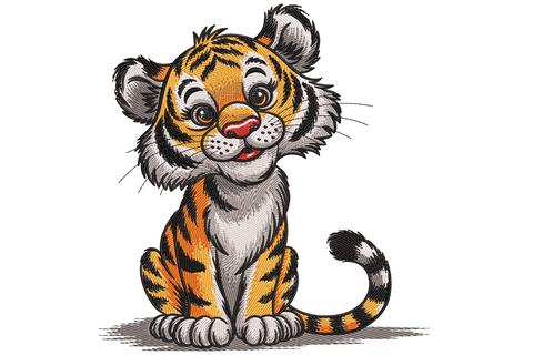 Cute baby tiger embroidery design with fluffy ruffled cheeks, huge grin and curved tail in orange, white and black, 9 sizes, cartoon cub style.