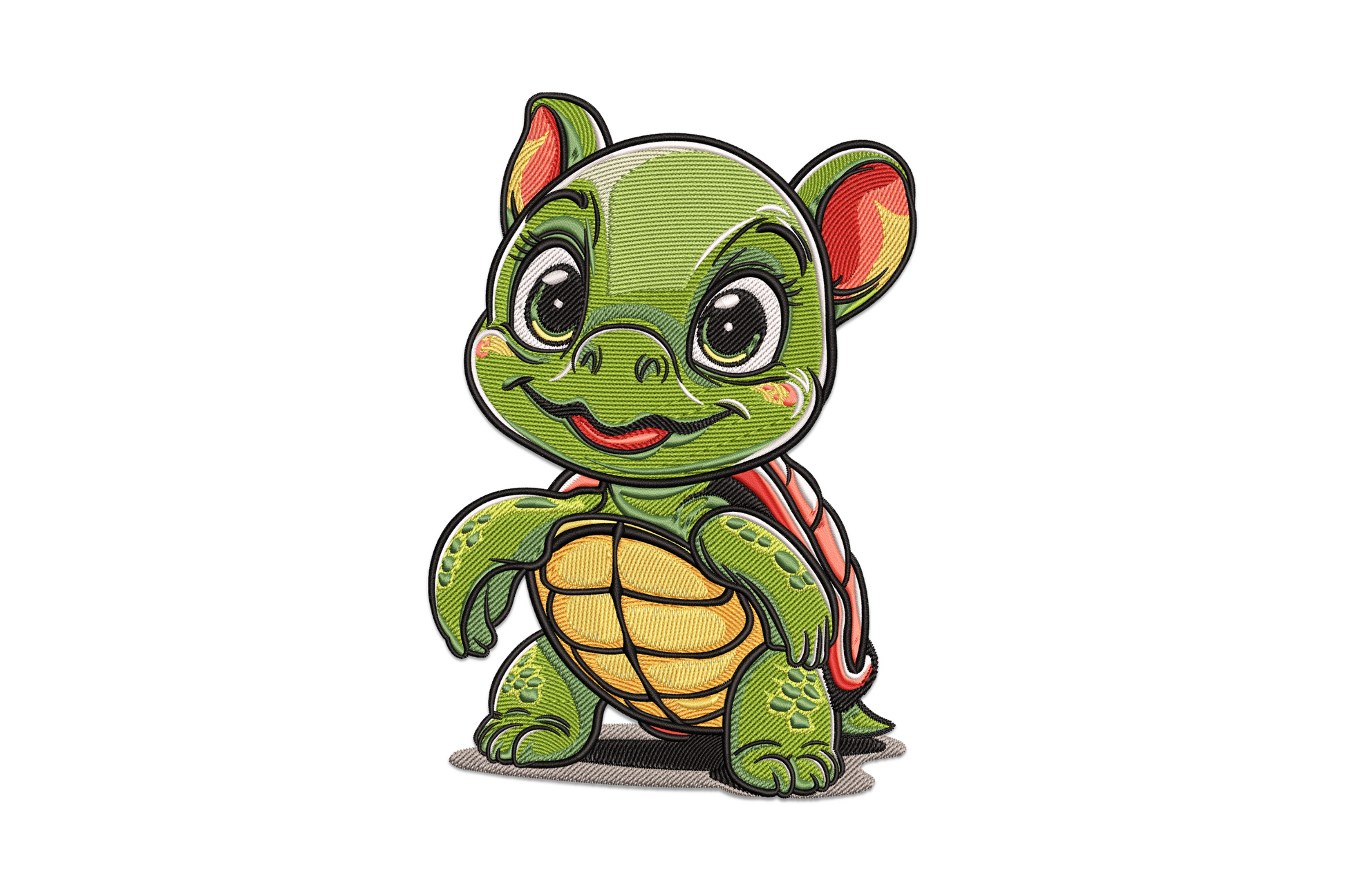 Cute baby turtle embroidery design in chibi cartoon style, big eyes and grin, hexagonal gold shell and forest green body, black outlines.