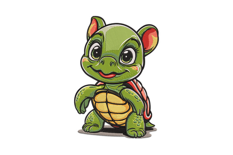 Cute baby turtle embroidery design in chibi cartoon style, big eyes and grin, hexagonal gold shell and forest green body, black outlines.