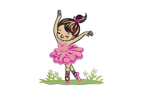 Cute ballerina girl embroidery design showing a cartoon dancer in a pink tutu mid-pose with daisies at her feet