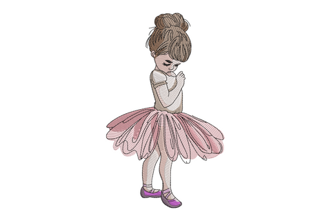 Cute cartoon ballerina girl machine embroidery design in pink tutu and lavender bodice, ten colours, pirouette pose on white background.