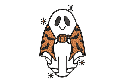 Cute kawaii ghost Halloween embroidery design with round white ghost body, orange bat wings with tiny black bat prints, small pumpkin held at chest, and sparkle accents on white background