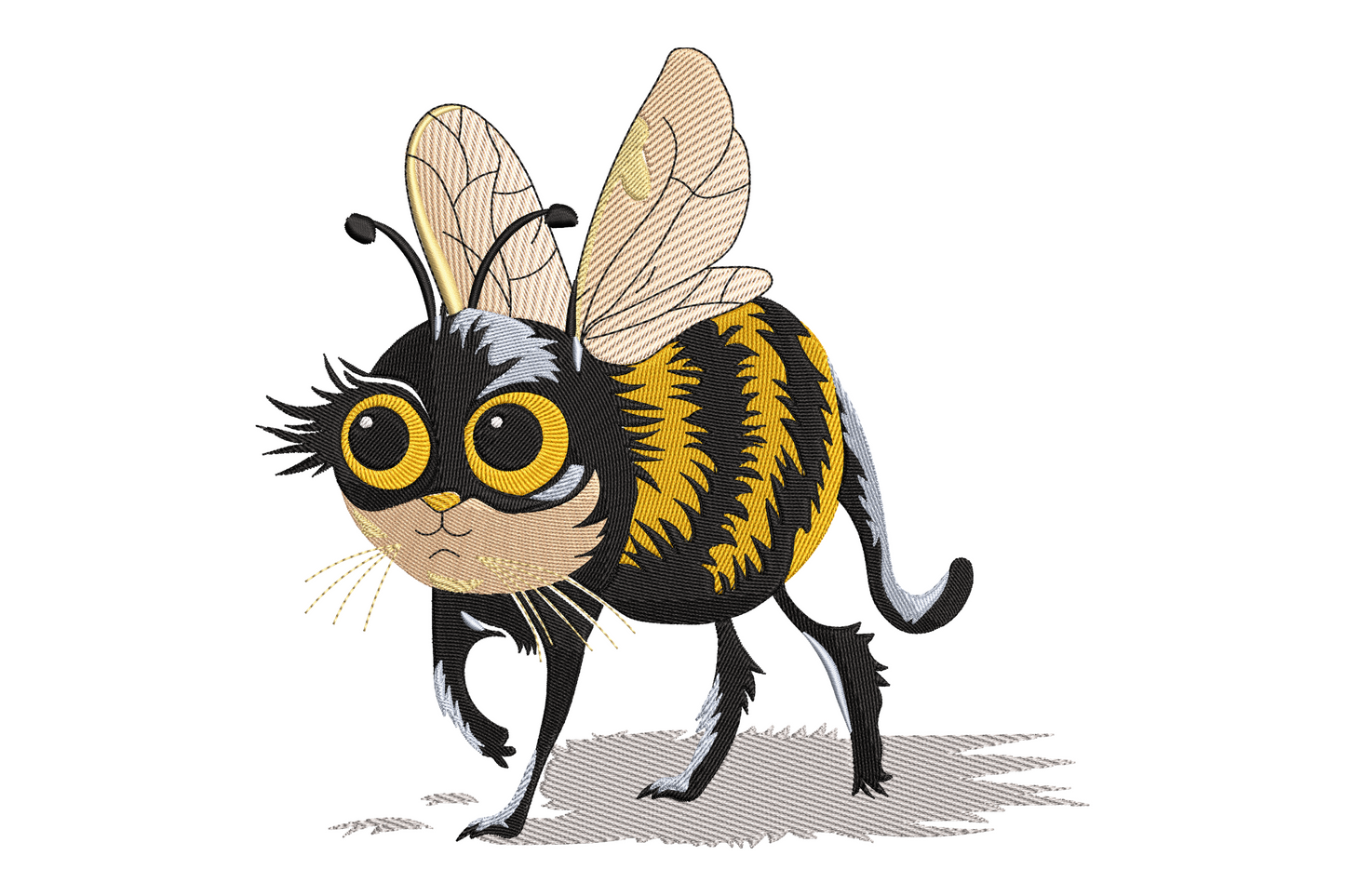 Cute bee cat kawaii embroidery design, round cat body with yellow and black bee stripes, antennae and wings, seven colours