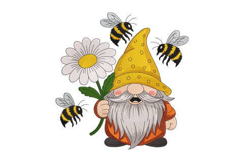 Cartoon gnome with a yellow hat holding a flower, surrounded by bees on a white background