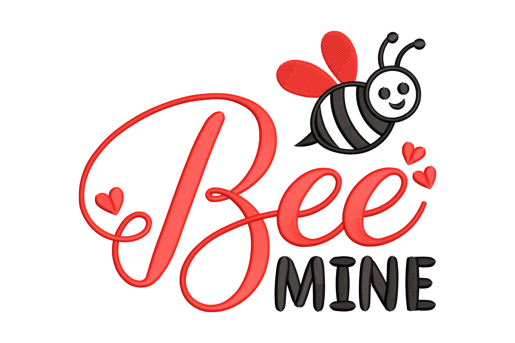 Cartoon bee with 'Bee Mine' text embroidery design