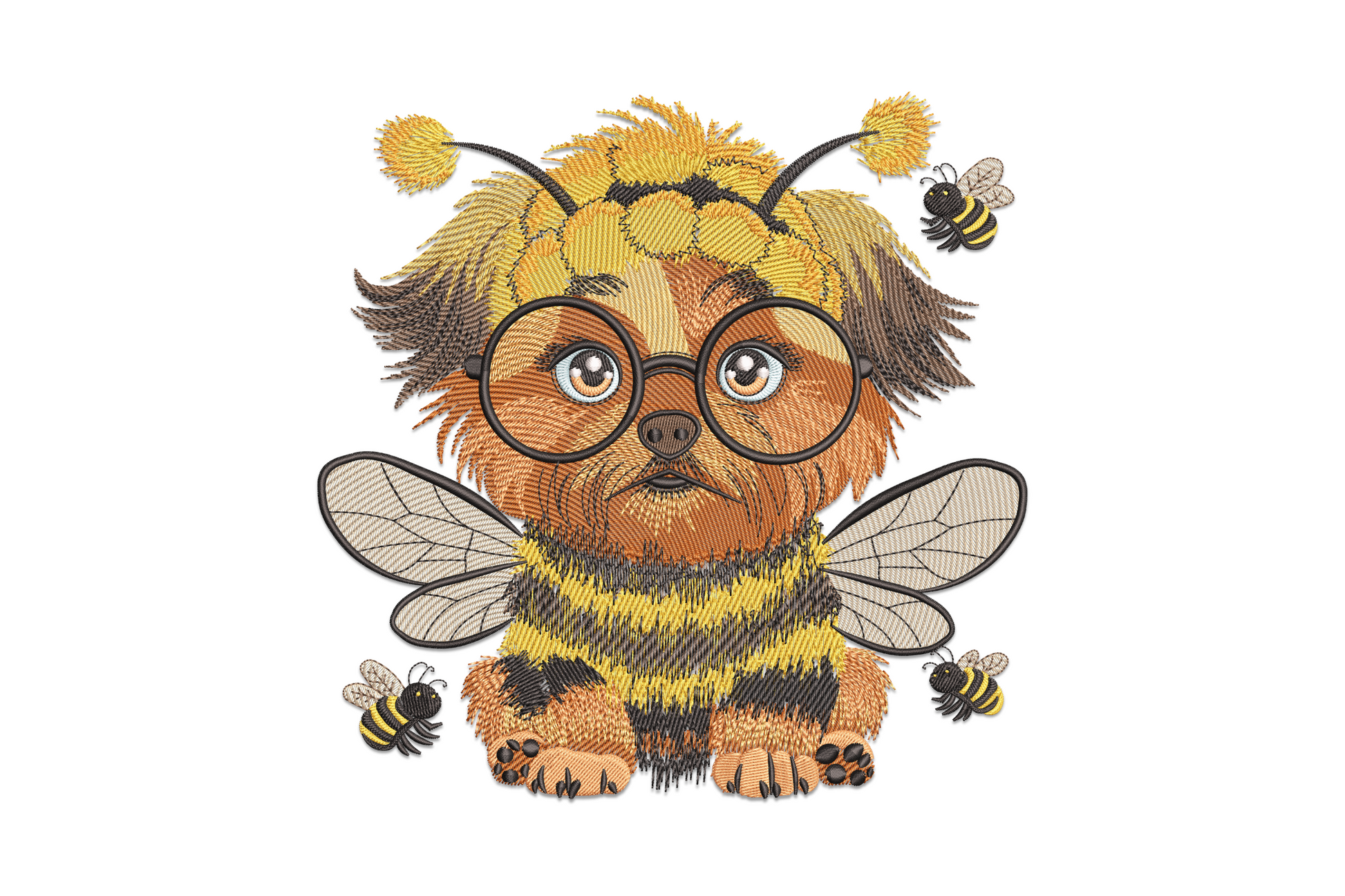 Fluffy brown puppy in yellow and black bee costume with translucent wings, round glasses and antenna headband.