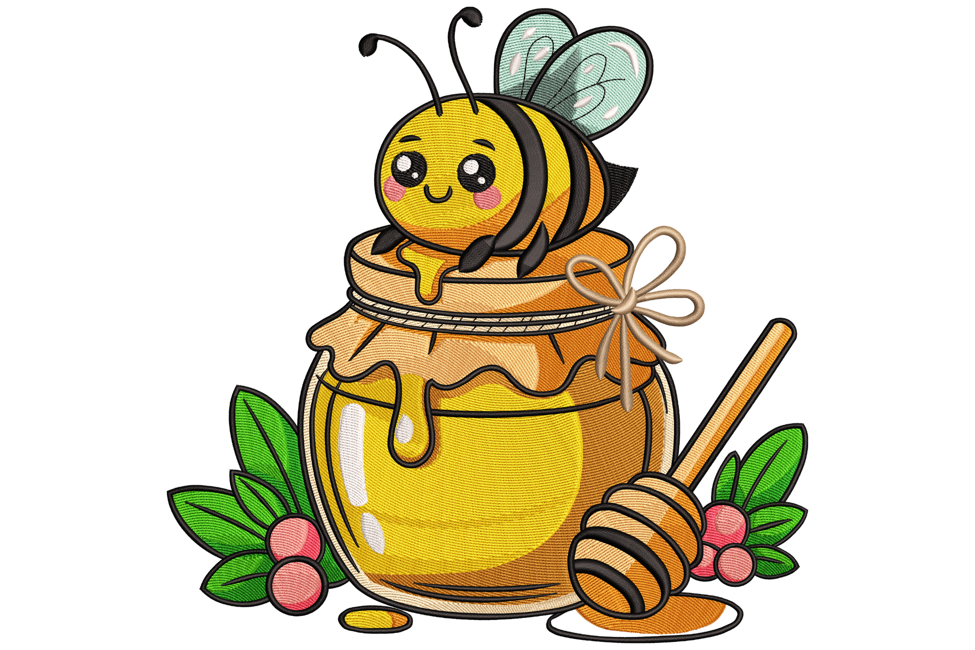 Cute kawaii bee with mint wings perched on a glass honey jar embroidery, twine bow, wooden dipper, sage leaves and red berries at base.