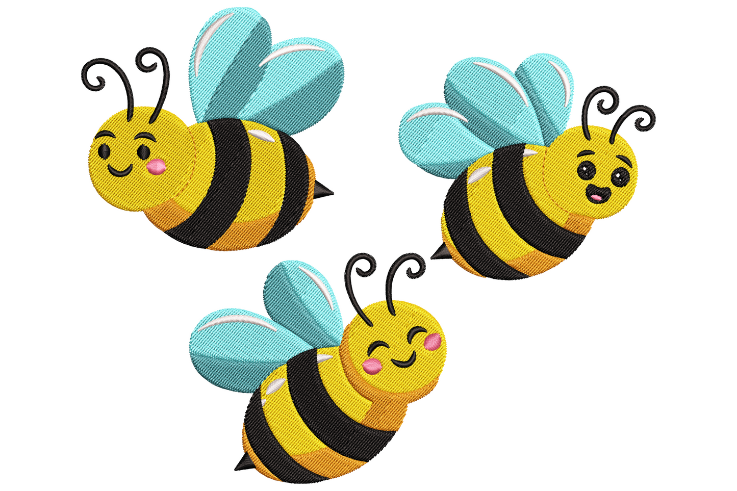 Three plump cartoon bees in golden yellow with black stripes and rosy cheeks arranged in a triangle, kawaii style nursery and kitchen embroidery design.