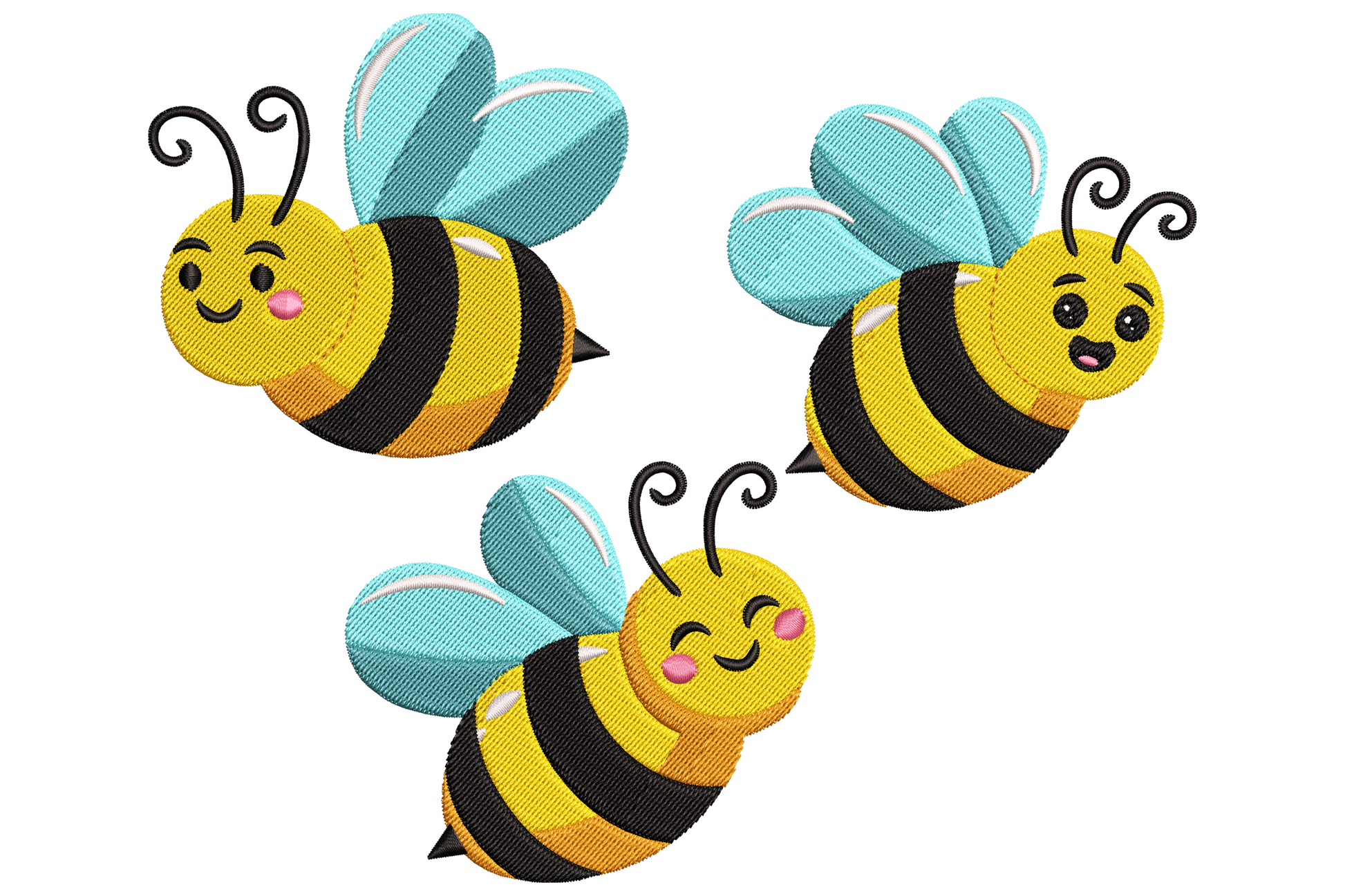 Three plump cartoon bees in golden yellow with black stripes and rosy cheeks arranged in a triangle, kawaii style nursery and kitchen embroidery design.