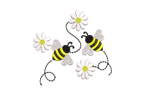 Two cartoon bumblebees in yellow and black with white daisy flowers, connected by dashed black flight trail lines in a scattered spring arrangement.