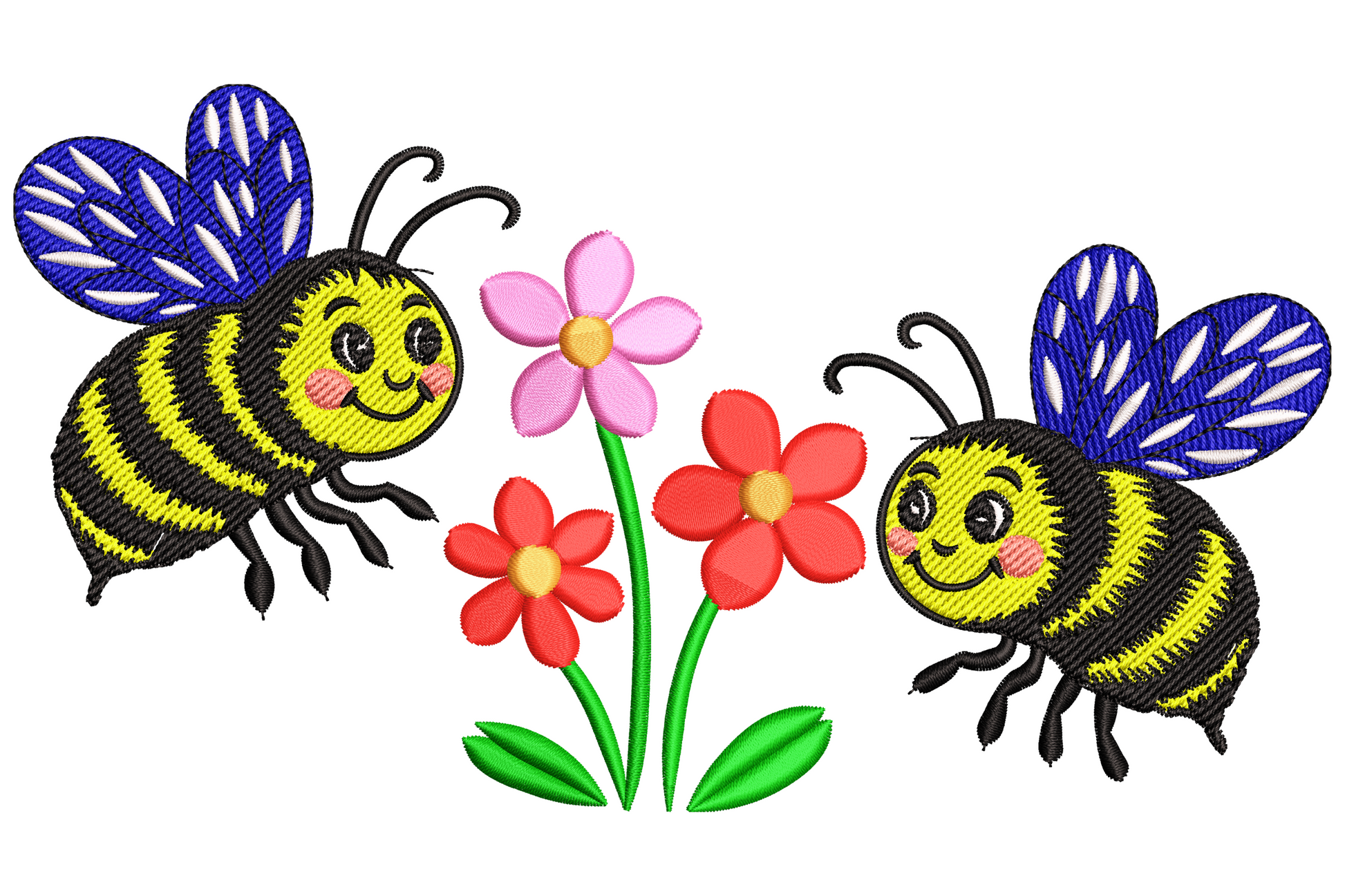 Two cartoon yellow bees with blue wings and happy faces hovering over red flowers with green stems, 9-colour machine embroidery design.