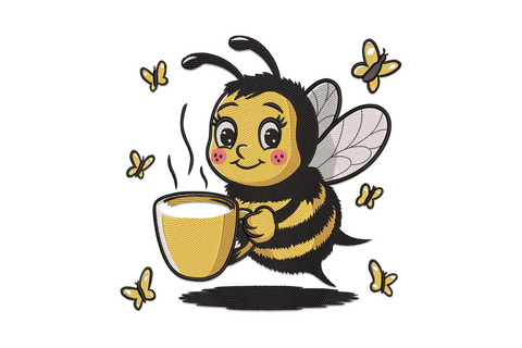Cute cartoon bee holding oversized coffee mug embroidery, amber gold body, silver wings, pink cheeks, tiny butterflies, 5 sizes.