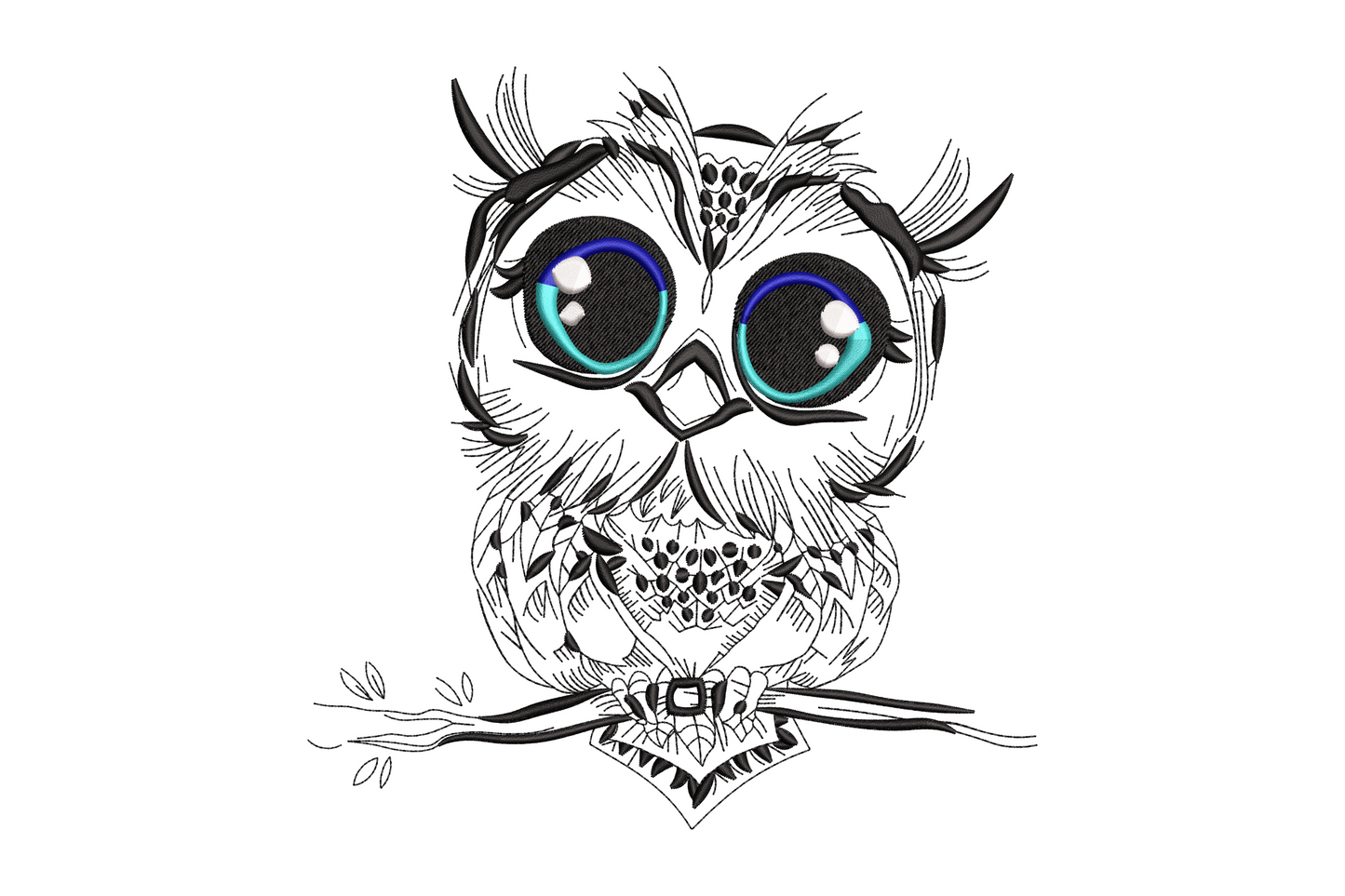 Cute big-eyed owl embroidery design showing a round kawaii-style cartoon owl with oversized eyes and layered satin feathers, 4 colours at density 390 stitched on fabric