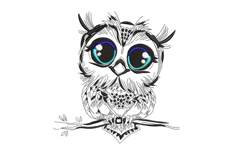 Cute big-eyed owl embroidery design showing a round kawaii-style cartoon owl with oversized eyes and layered satin feathers, 4 colours at density 390 stitched on fabric
