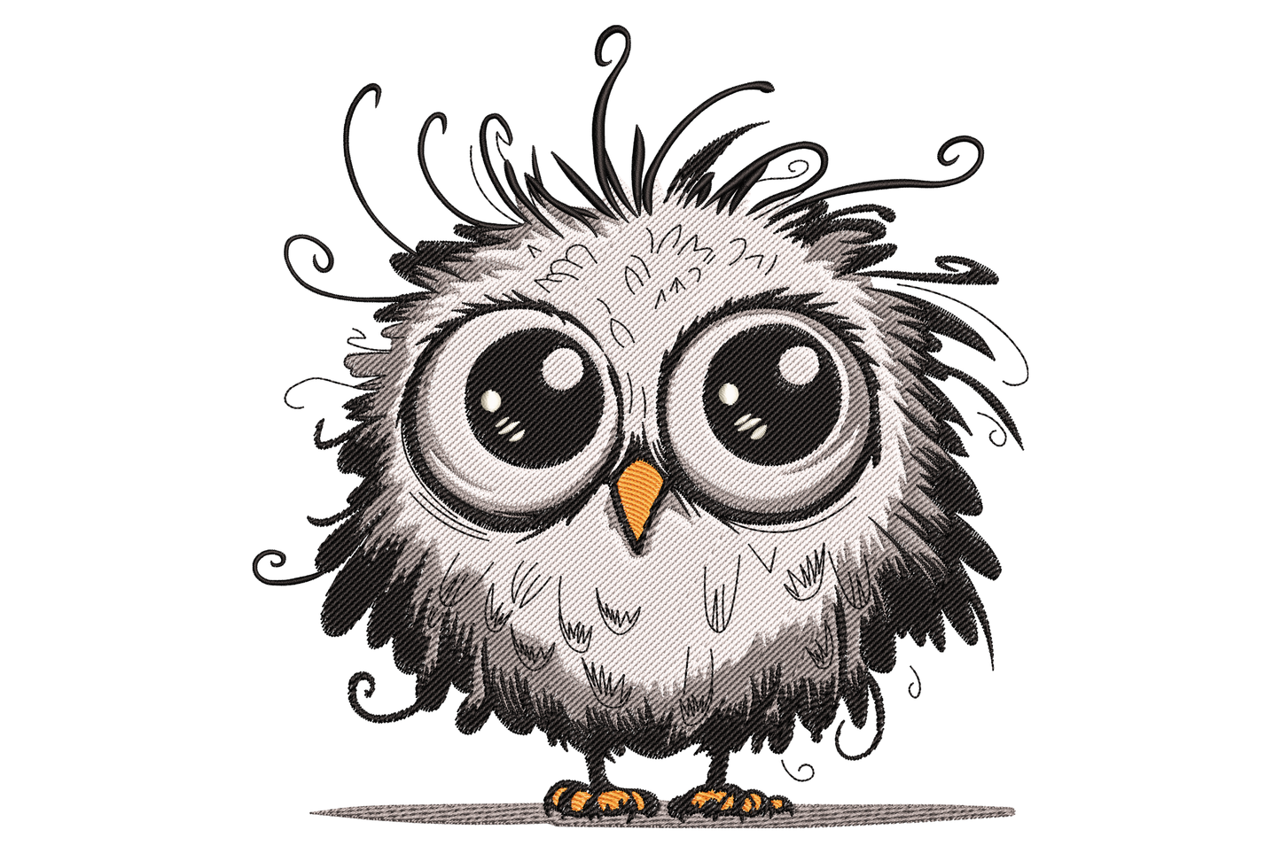 Sketchy embroidery of a big-eyed cartoon owl with messy curly hair tufts and tiny orange beak in black and grey