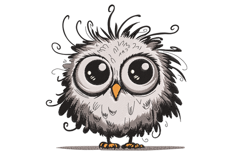 Sketchy embroidery of a big-eyed cartoon owl with messy curly hair tufts and tiny orange beak in black and grey