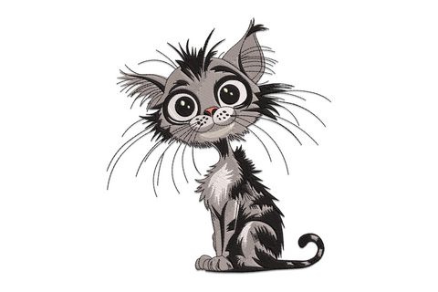 Big eye cartoon cat embroidery design on pastel pink onesie, cream body with oversized emerald green eyes and black nose.