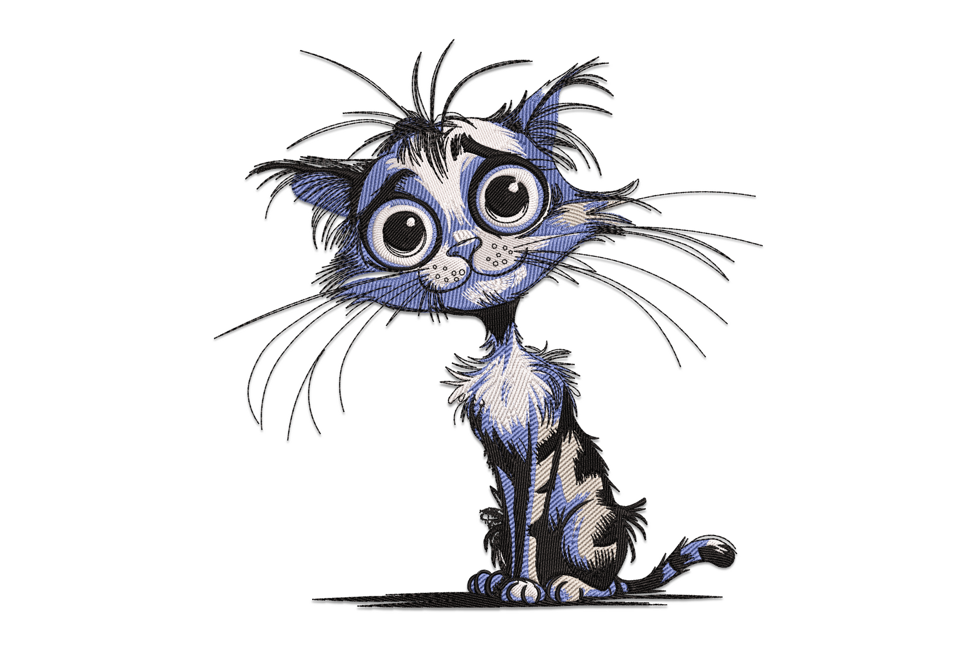 Cute big-eyed kitten embroidery design in ink-sketch style with blue-grey fur and oversized round eyes