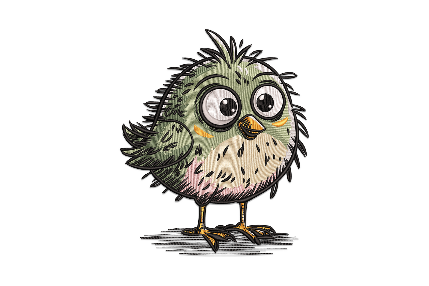 Cute perched bird embroidery design with teal-blue body, coral-orange beak and feet, white eye ring, and warm brown branch on white background.