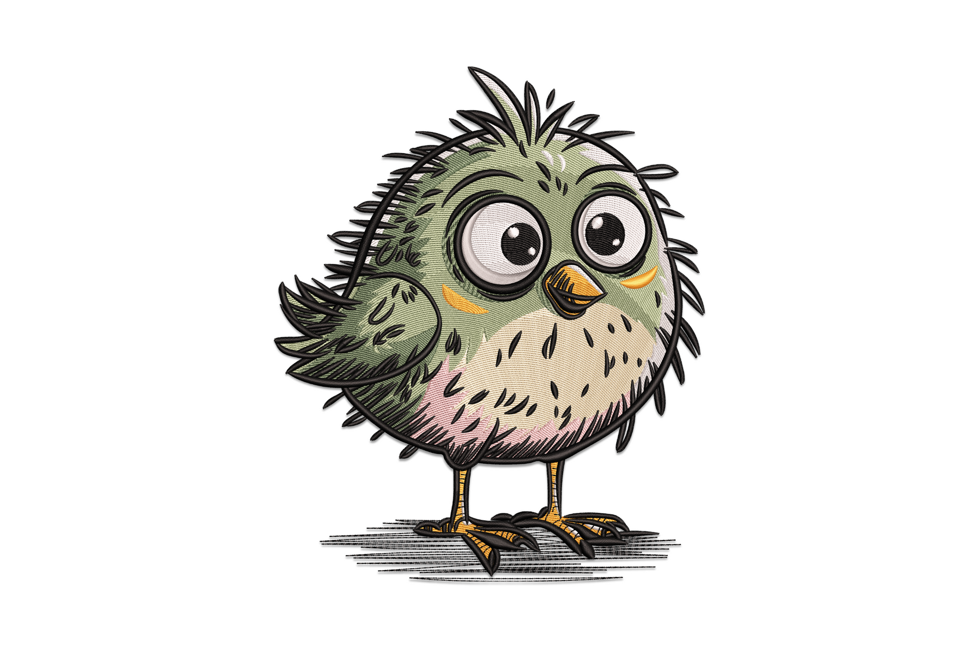 Cute perched bird embroidery design with teal-blue body, coral-orange beak and feet, white eye ring, and warm brown branch on white background.