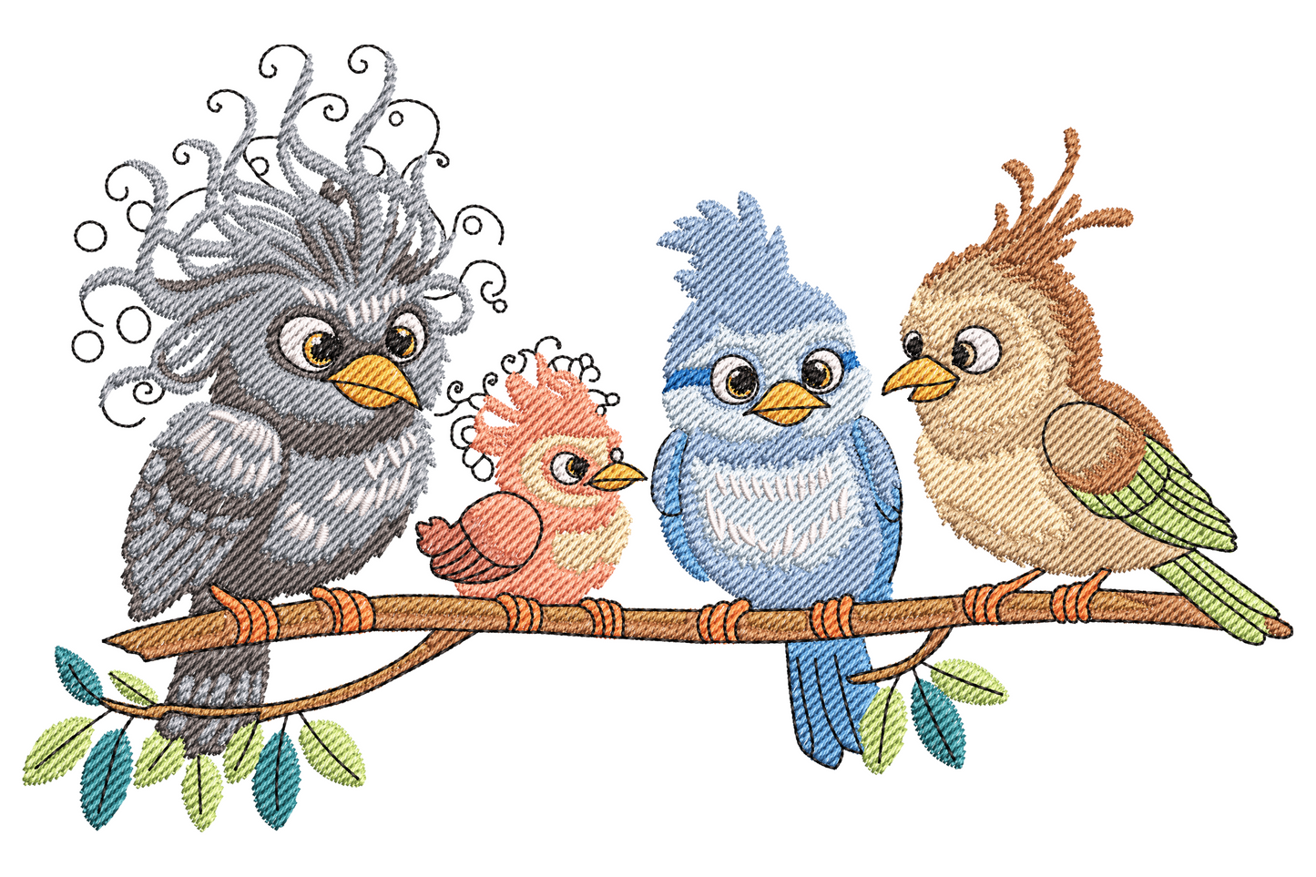 Four cartoon birds on branch machine embroidery design, fluffy grey, pink, blue, brown characters, 18 colors