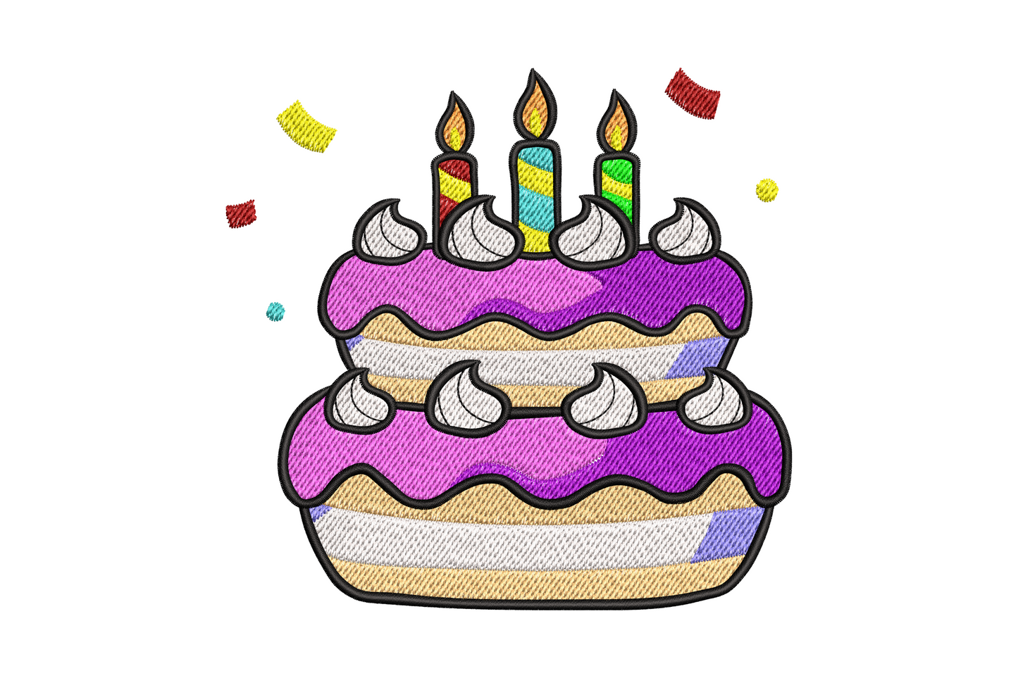 Birthday cake with candles embroidery design with pink frosting, chocolate layers, and butter yellow flames, party style.