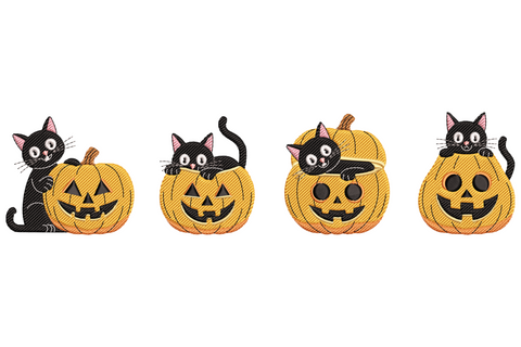 Cute black cat sitting on a carved orange pumpkin embroidery design, wide banner format in nine colours with black satin cat and halloween jack o lantern