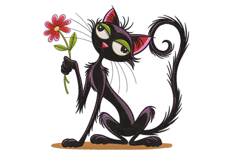 Black cat with flower embroidery design featuring a sitting matte black cat with amber eyes and a dusty rose bloom on a sage stem in 14 thread colours