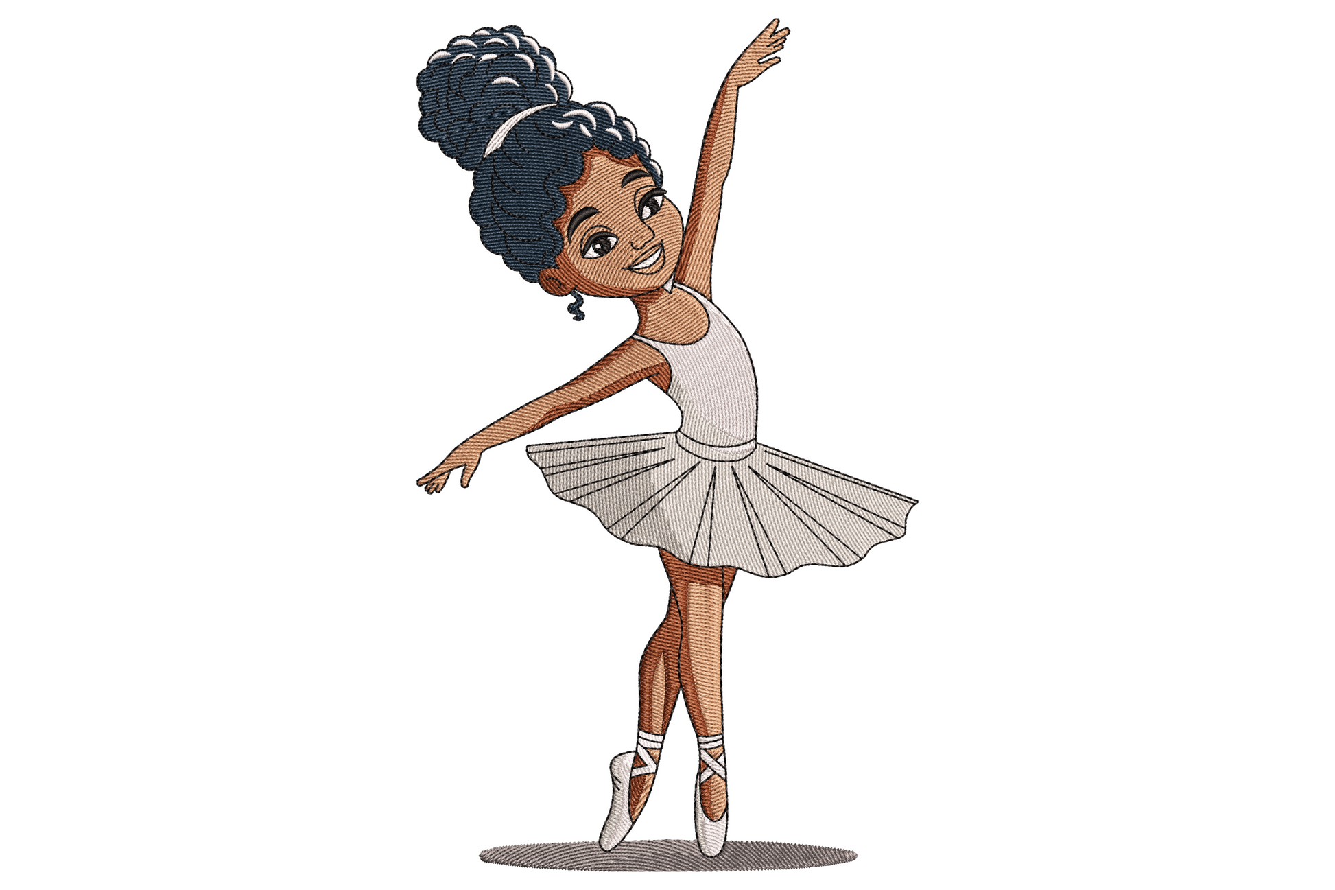 Black girl ballerina embroidery, curly hair bun, white tutu with pleat detail, on pointe with wide smile, 7-colour cartoon illustration.