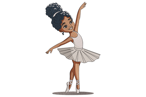 Black girl ballerina embroidery, curly hair bun, white tutu with pleat detail, on pointe with wide smile, 7-colour cartoon illustration.
