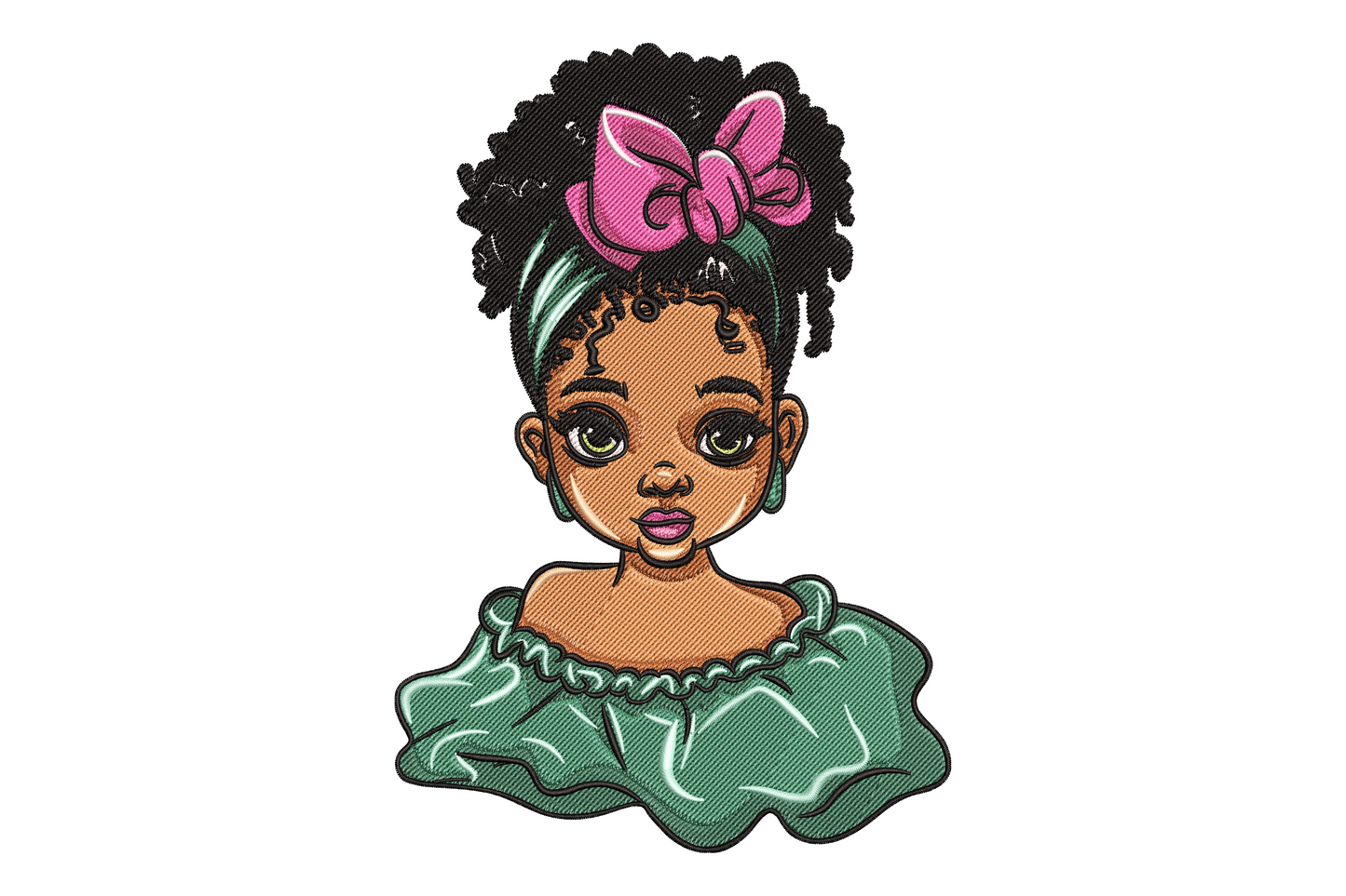 Cute black girl portrait embroidery with natural coily updo, hot pink bow, teal ruffled dress and detailed satin hair coil stitching.