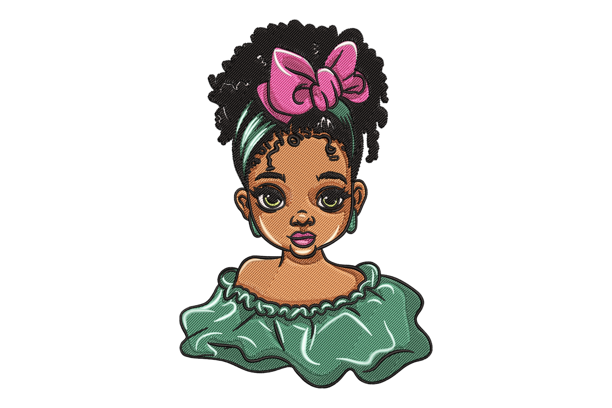 Cute black girl portrait embroidery with natural coily updo, hot pink bow, teal ruffled dress and detailed satin hair coil stitching.