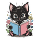 Cute Black Kitten Reading Book Embroidery Design, Cat Machine Embroidery Pattern, Instant Download