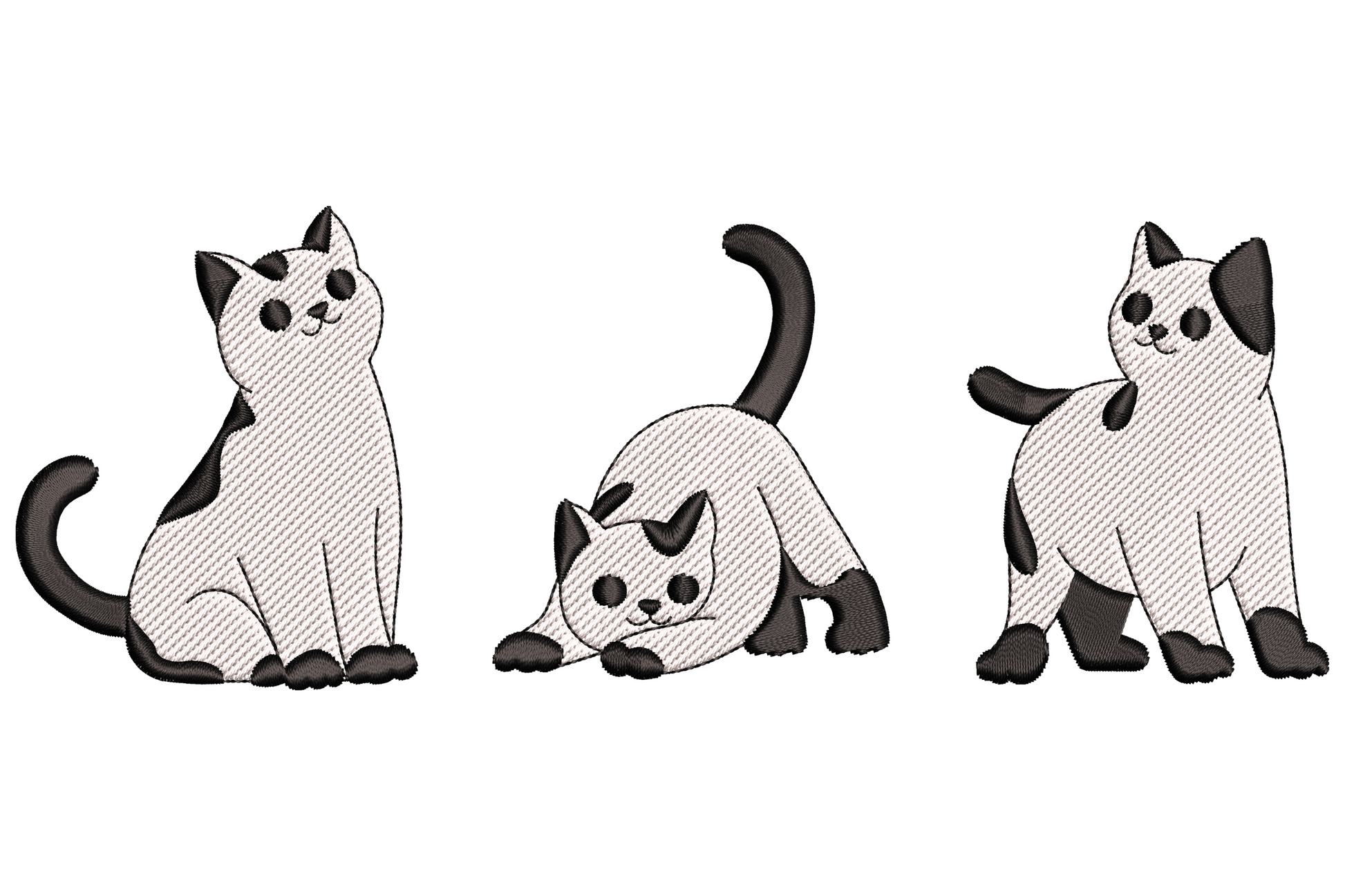 Black and white cat trio embroidery design showing three minimal cat silhouettes in a horizontal row sitting facing and side-profile positions on white background.