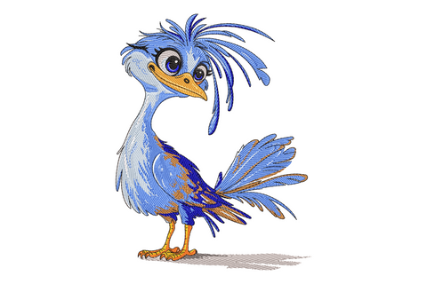 Cute blue bird machine embroidery design in cobalt blue rust orange and white, perching bird in side profile with detailed feather fills and fourteen colour palette, realistic illustrative style