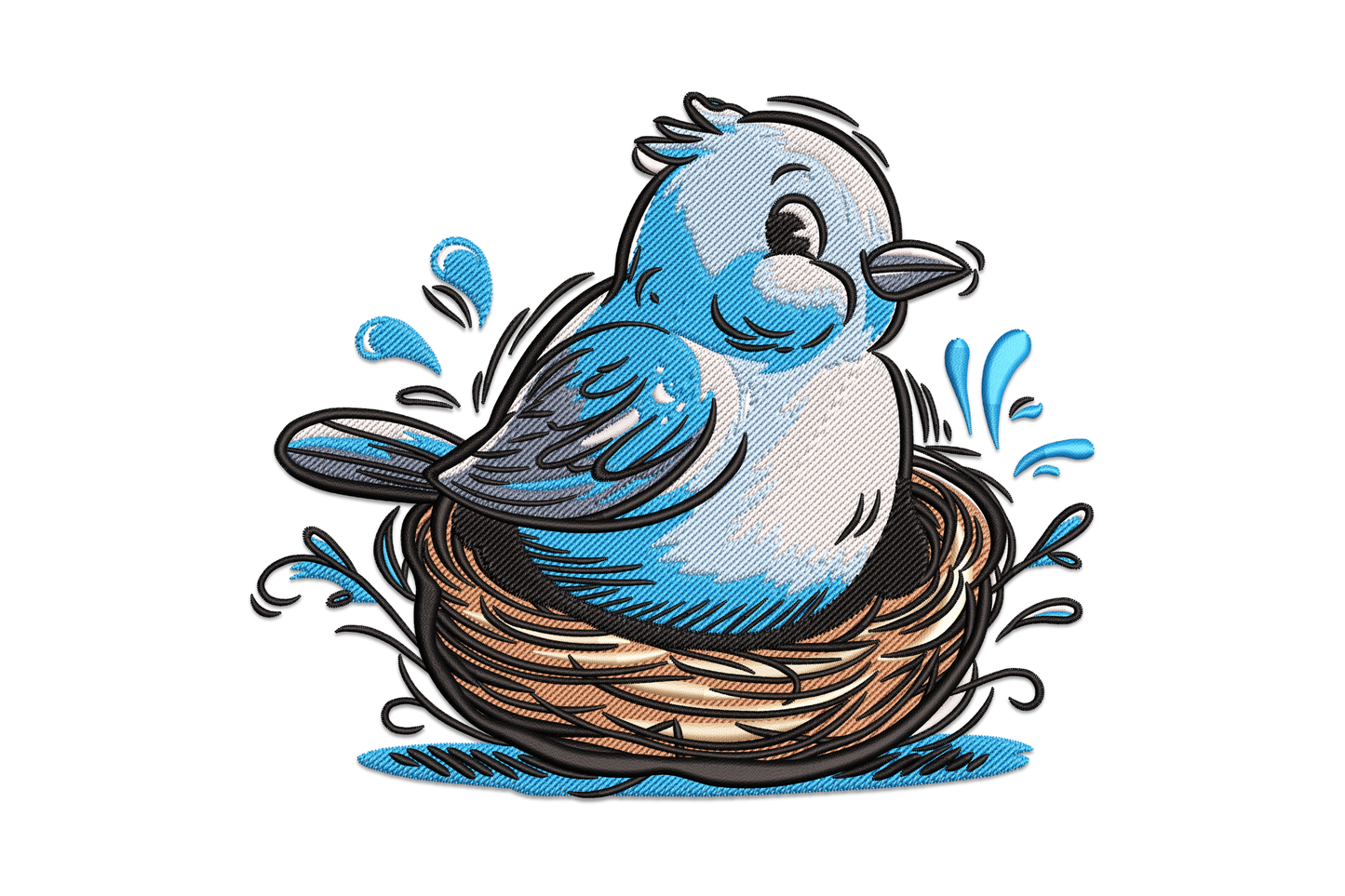 Blue bird sitting in woven twig nest embroidery design with fine feather detail in sky blue and navy on cream fabric