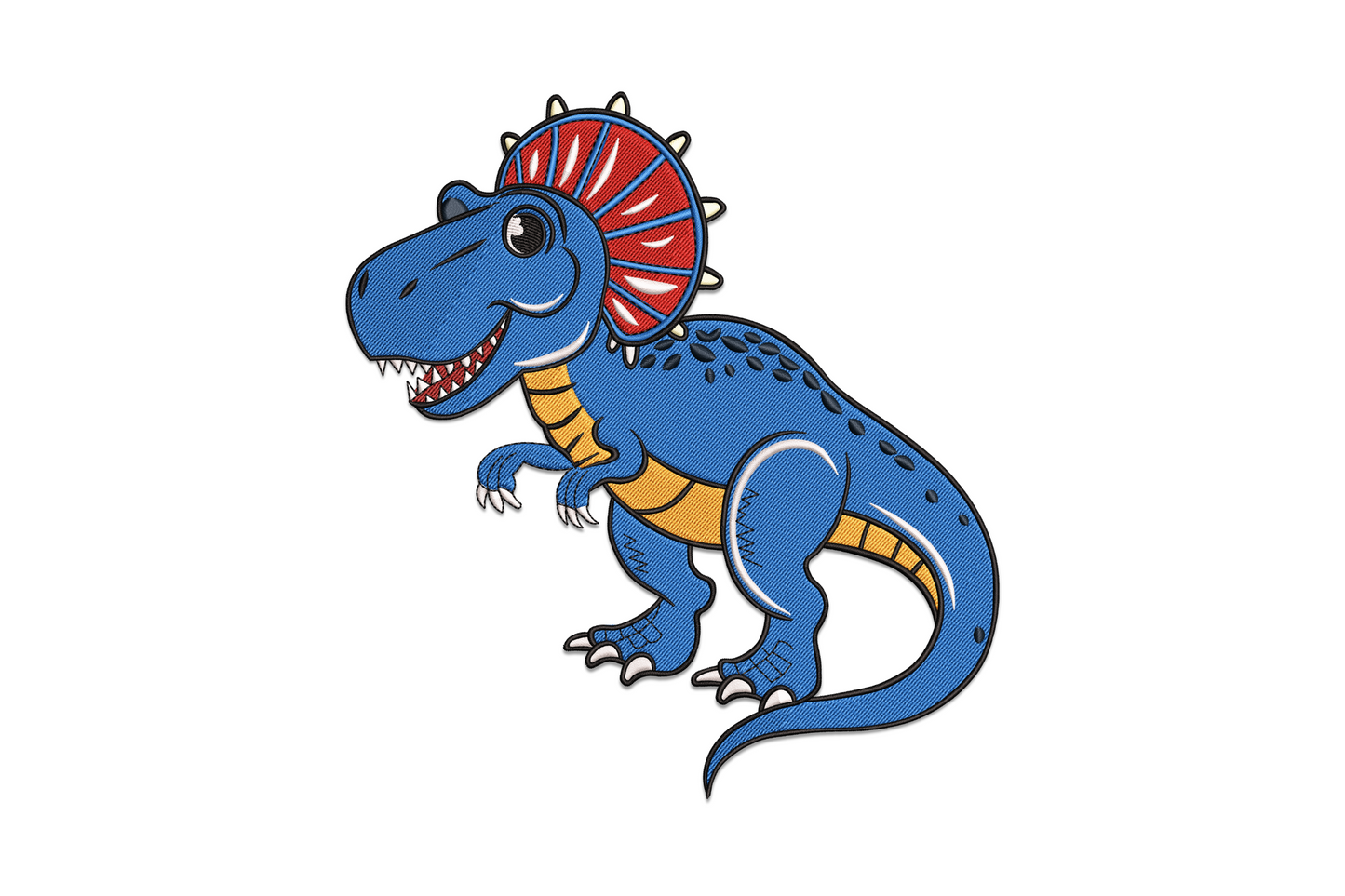 Cute blue cartoon T-rex dinosaur embroidery with red spiked frill, orange belly stripe, sharp white teeth and dark spots across his body