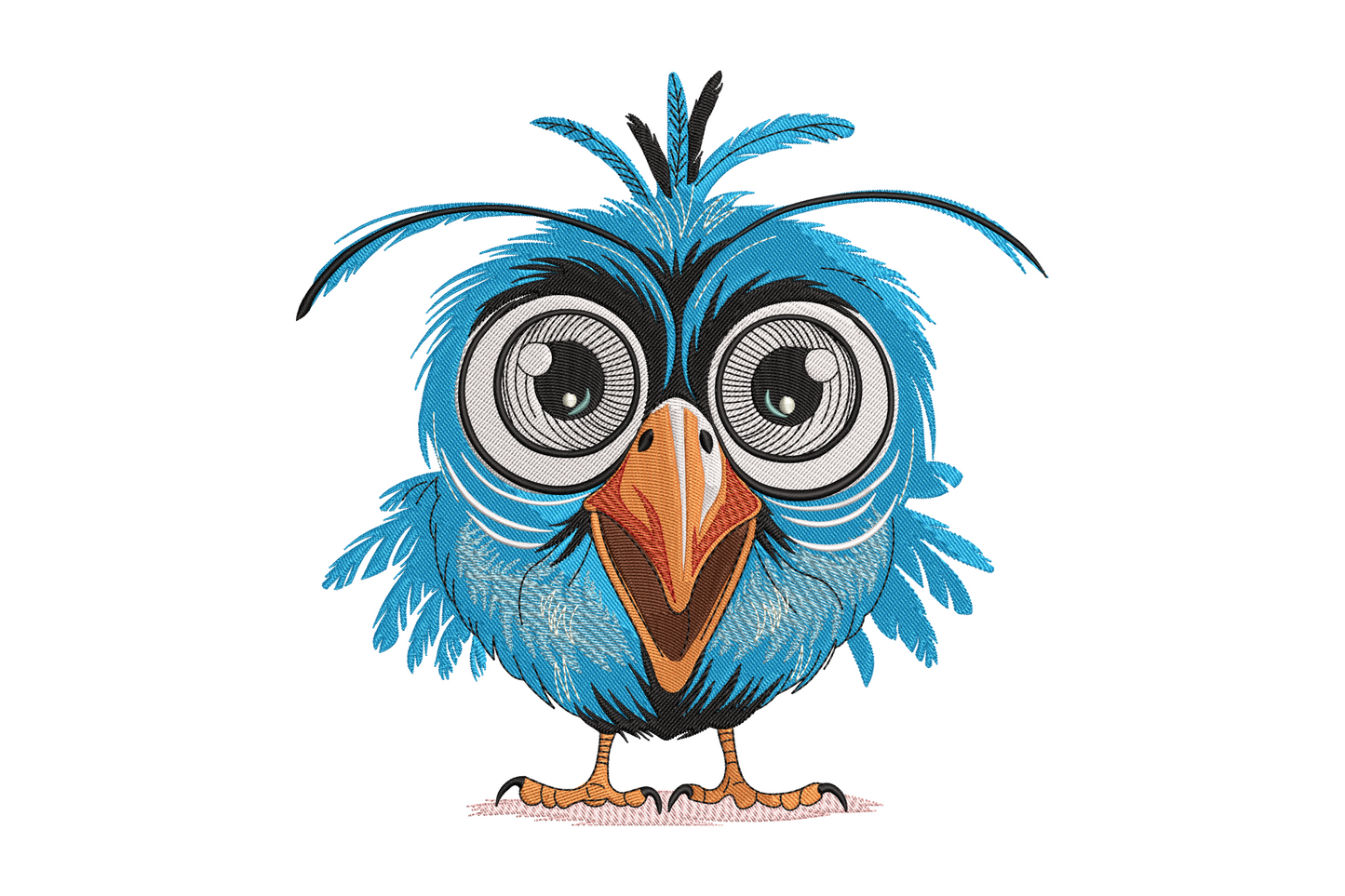 Blue owl embroidery design with spiral eyes and orange beak, chunky cartoon style for kids machine embroidery on canvas tote