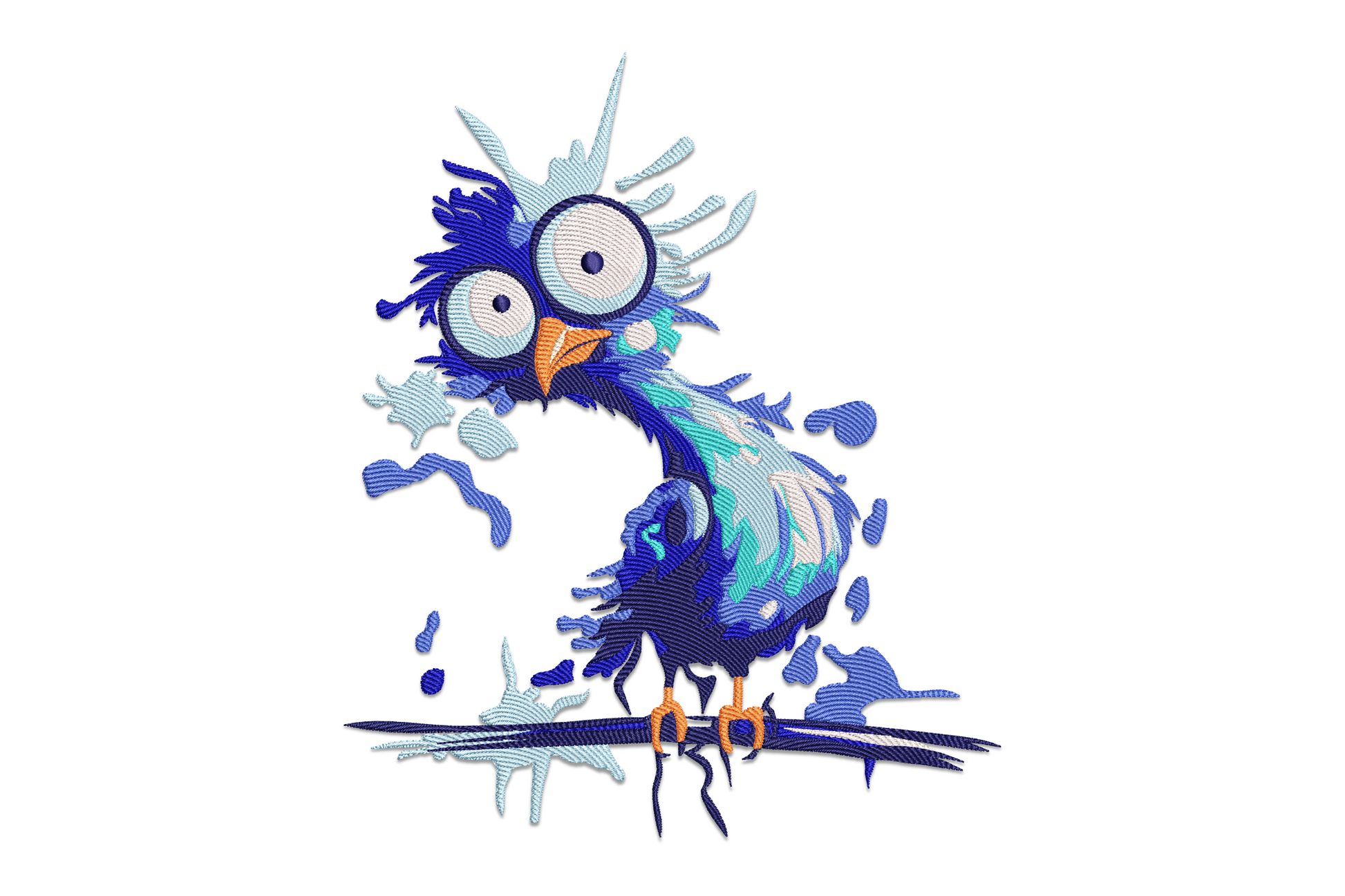 Cute blue cartoon owl embroidery design, cornflower blue plumage, yellow eyes, orange beak, perched on branch, 8 colours, front-facing.