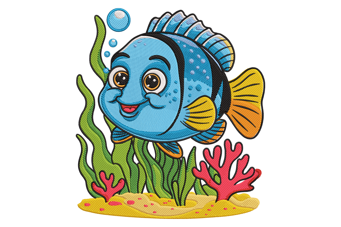 Blue tropical fish embroidery with scale texture and fins, 12 colours, 9 sizes 3.51 to 7.51 inches, instant download