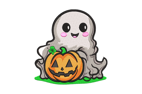 Blushing ghost with pink cheeks beside carved pumpkin Halloween embroidery design