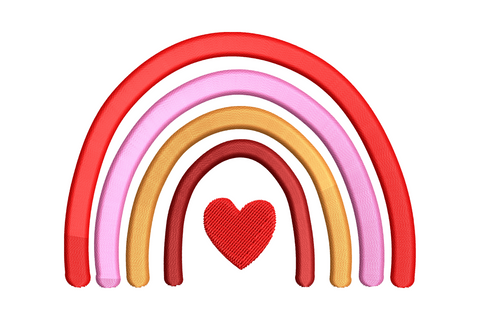 Boho rainbow embroidery with four nested arches in scarlet red, pink, orange, dark red and a tiny red heart centre.