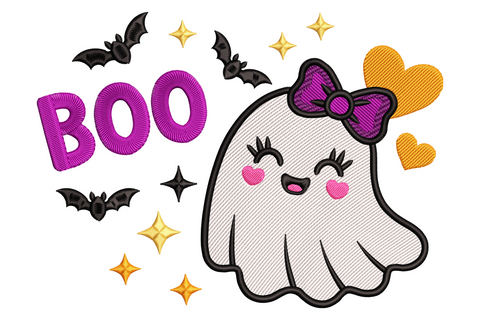 Cute kawaii ghost girl with bow and BOO lettering, white pink and black palette, flat cartoon style halloween machine embroidery design.